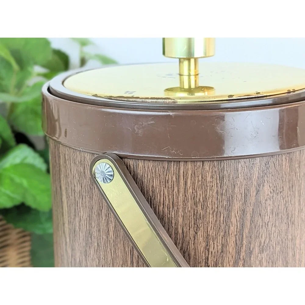 Vintage MCM Vinyl Faux Wood Ice Bucket with Lid Mid Century Barware Wine Chiller